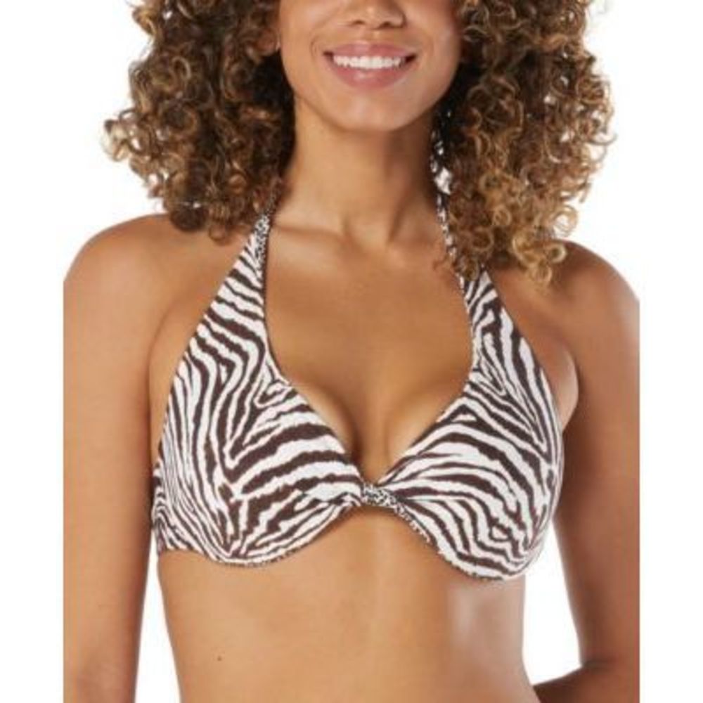 NWT Coco Reef Verso Animal-Print Reversible Halter Bikini Top Brown & White 34DD